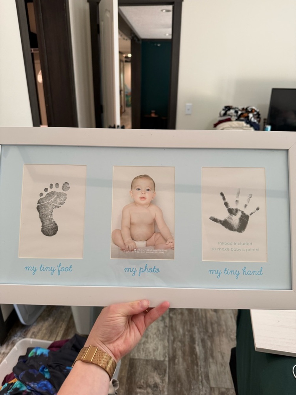 Baby Hand & Foot Triple Photo Frame - Light Blue Mat